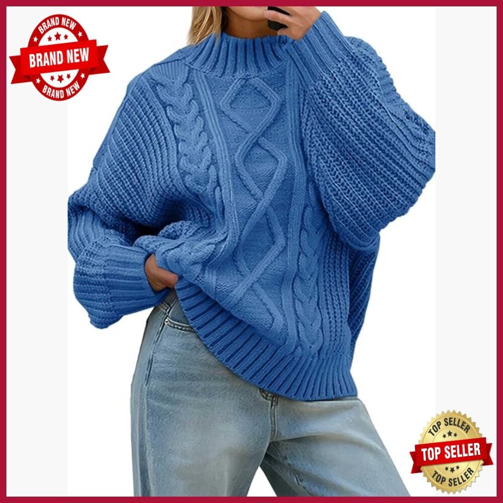 Oversized Cable Knit Pullover Sweater Mock Neck Button Up Chunky